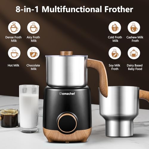 8-in-1 Milk Frother and Steamer with 550W IH Induction Heating (Black & Wood Grain)