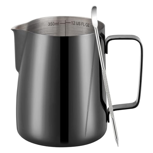 Milk Frothing Pitcher 12oz Frother Cup Barista Tools (Bright Black / 12 Ounces)