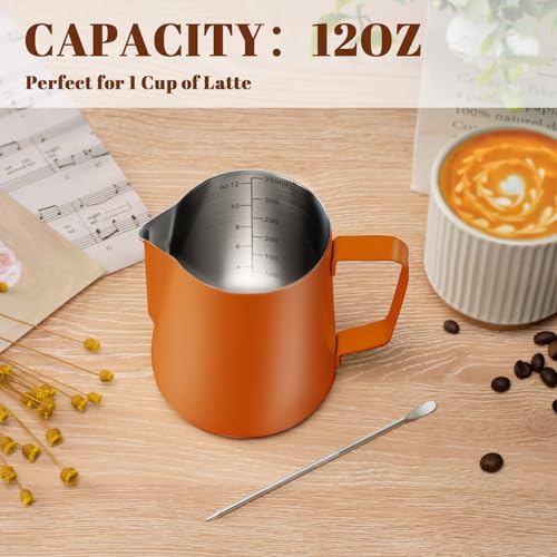 Milk Frothing Pitcher 12oz Frother Cup Barista Tools (Orange / 12 Ounces)