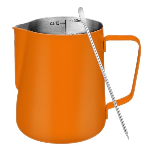 Milk Frothing Pitcher 12oz Frother Cup Barista Tools (Orange / 12 Ounces)