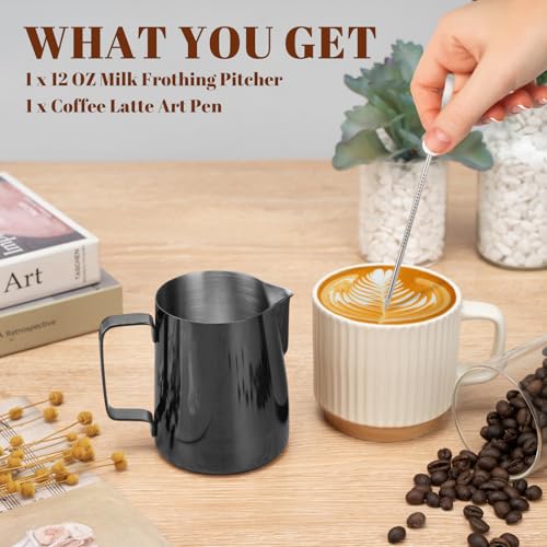 Milk Frothing Pitcher 12oz Frother Cup Barista Tools (Bright Black / 12 Ounces)