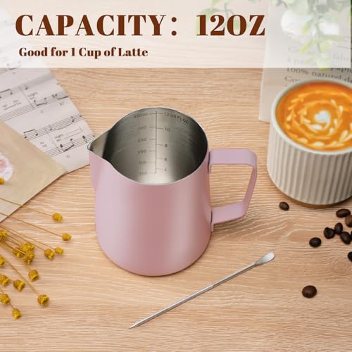 Milk Frothing Pitcher 12oz Frother Cup Barista Tools (Pink / 12 Ounces)