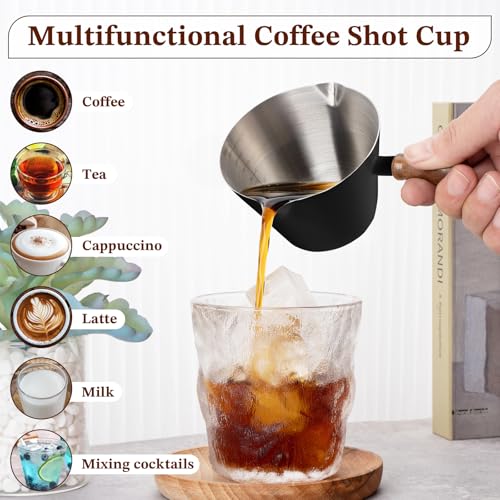 6.8oz Espresso Measuring Cup with Wood Handle & Double Spout (Black / 6.8 Ounces)