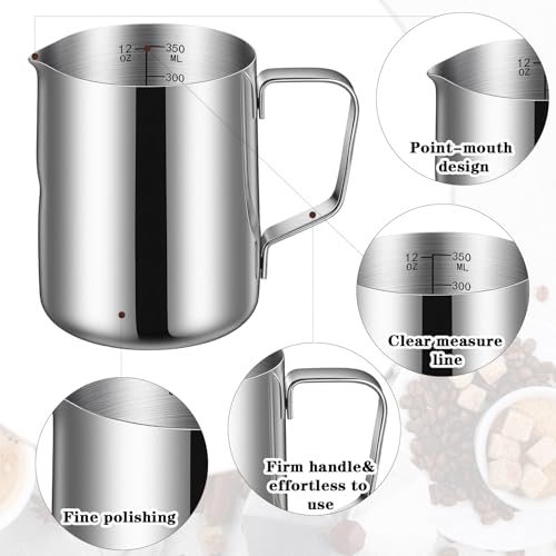 6 Pcs Milk Frothing Pitcher 12 Oz Stainless Steel Steaming Pitcher Espresso Steamer Cup Frother Jug for Latte Art