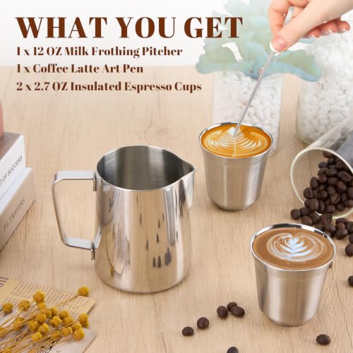 12oz Milk Frothing Pitcher & 2 (Silver / 12 Ounces + 2pcs Small Cups)