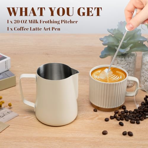Milk Frothing Pitcher 20oz Frother Cup Barista Tools (White / 20 Ounces)