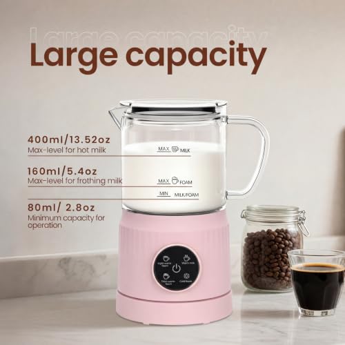 4-in-1 Electric Milk Frother and Steamer for Whole Milk, LED Touch Screen (Pink)