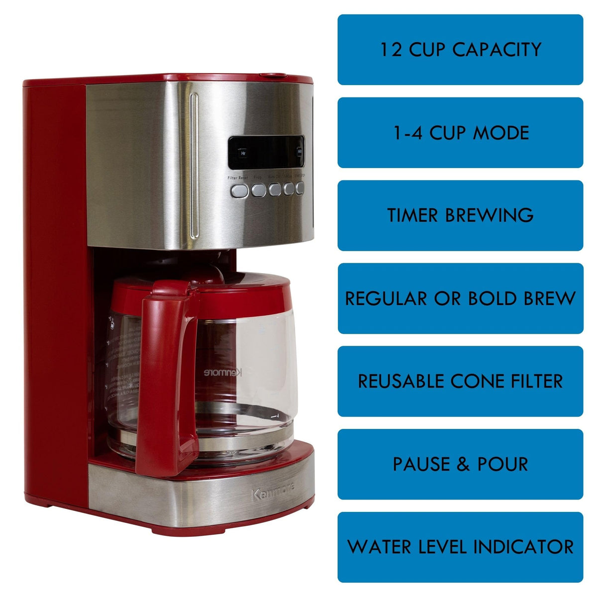 Kenmore 12 Cup Coffee Maker (Stainless Steel/Red / 12 Cup)