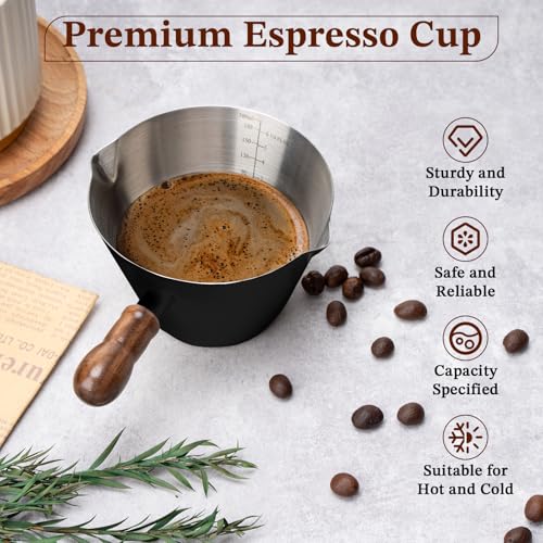 6.8oz Espresso Measuring Cup with Wood Handle & Double Spout (Black / 6.8 Ounces)