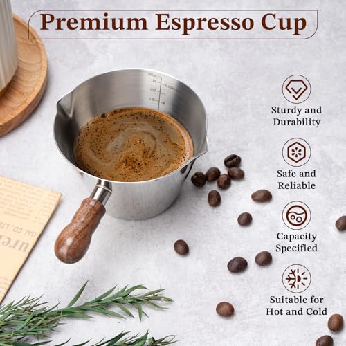 6.8oz Espresso Measuring Cup with Wood Handle & Double Spout (Silver / 6.8 Ounces)