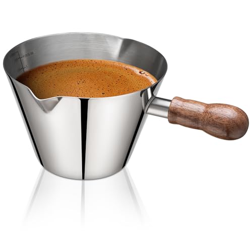 6.8oz Espresso Measuring Cup with Wood Handle & Double Spout (Silver / 6.8 Ounces)