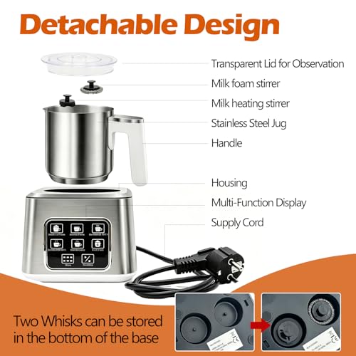 6-in-1 Electric Milk Frother and Steamer, Large Capacity & Detachable Electric Milk Frother and Warmer, Automatic Hot & Cold Foam Maker, with Stainless Steel Jug, 16.91oz/500ml for Coffee