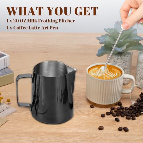 Milk Frothing Pitcher 20oz Frother Cup Barista Tools (Bright Black / 20 Ounces)
