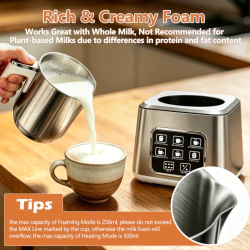 6-in-1 Electric Milk Frother and Steamer, Large Capacity & Detachable Electric Milk Frother and Warmer, Automatic Hot & Cold Foam Maker, with Stainless Steel Jug, 16.91oz/500ml for Coffee